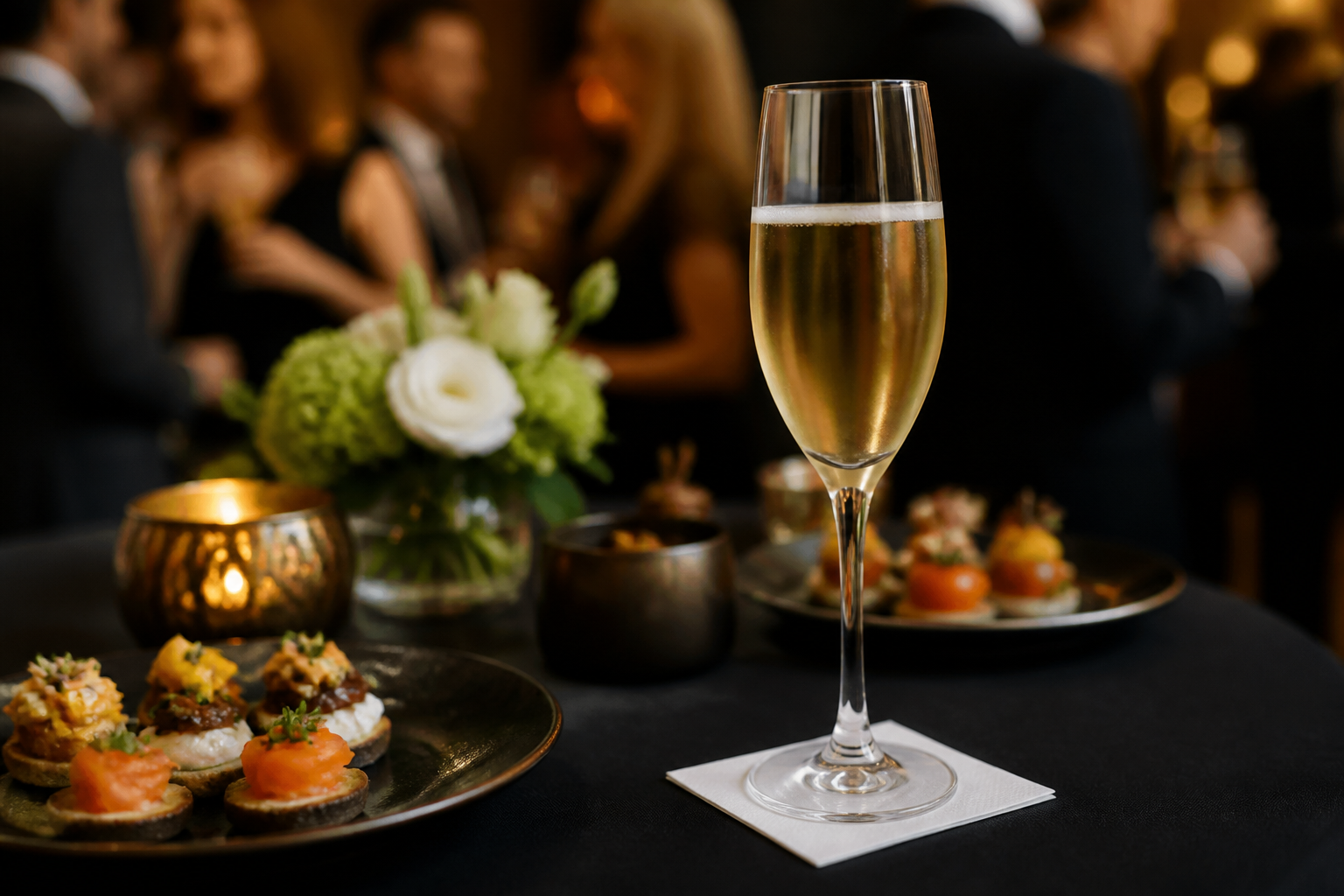 Cocktail party high table with a small folded beverage napkin under a stemmed glass