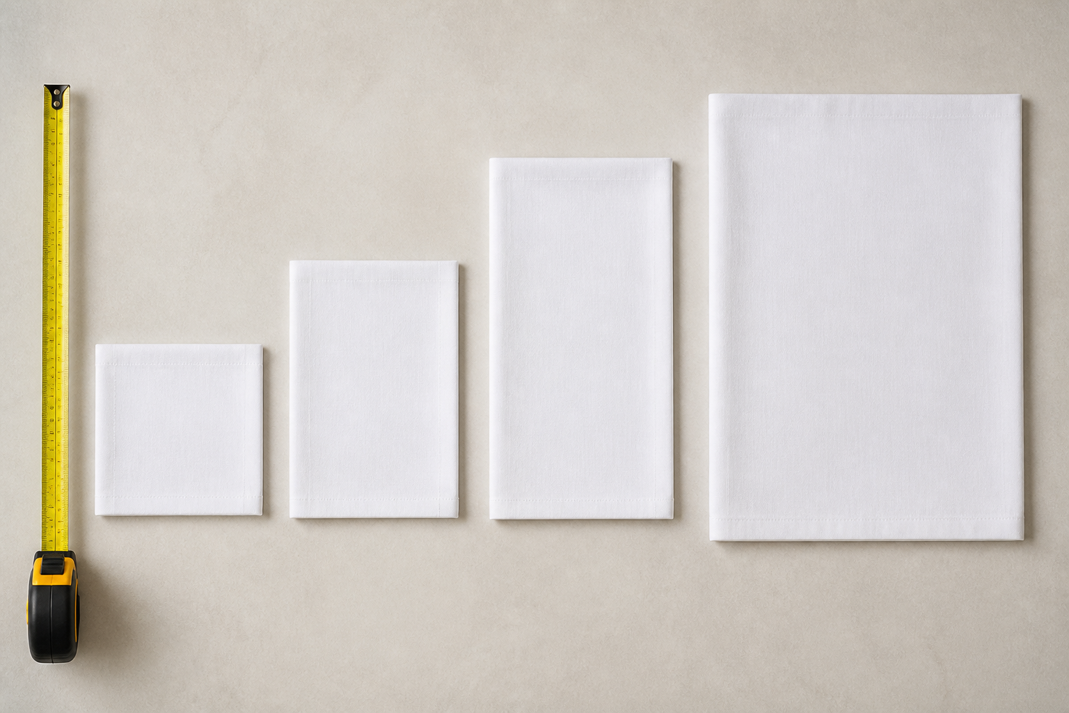 Four white cloth napkins of different sizes laid flat in a row from smallest to largest with a measuring tape