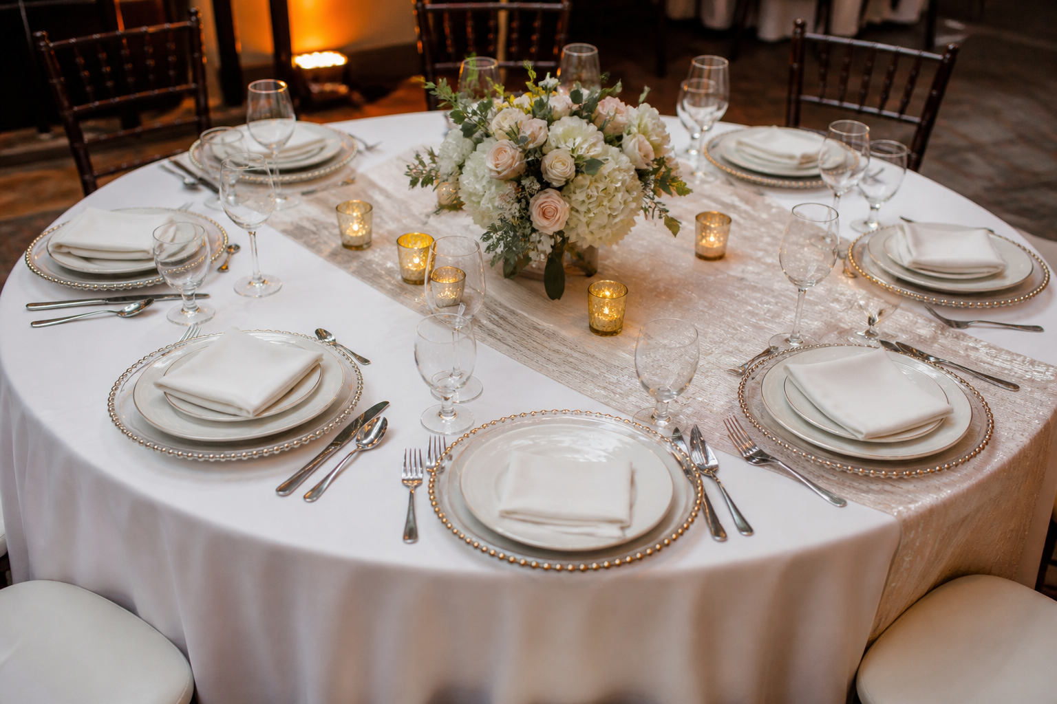 Round banquet table with a white tablecloth and a shorter decorative runner across the centre