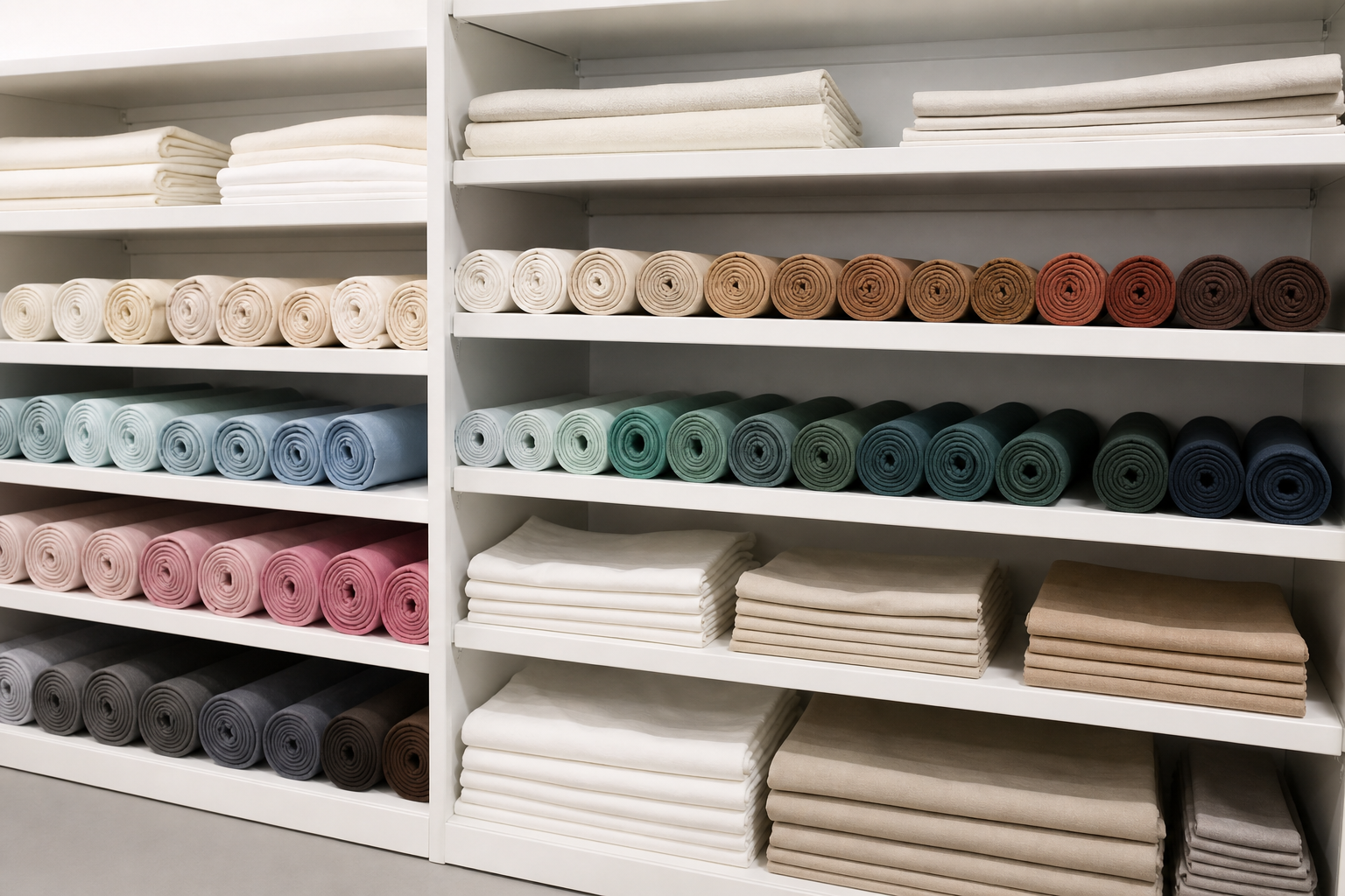 Rolled and folded table runners in several colours stored neatly on stockroom shelving