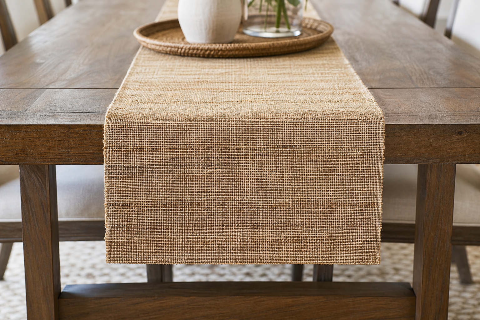 Close-up of a woven table runner draping cleanly over the end of a dining table