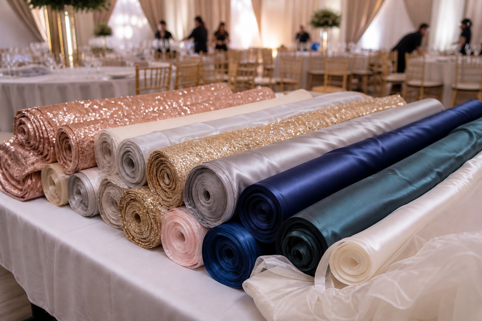 Event styling station with rolled sequin, satin and chiffon table runners arranged on a preparation table