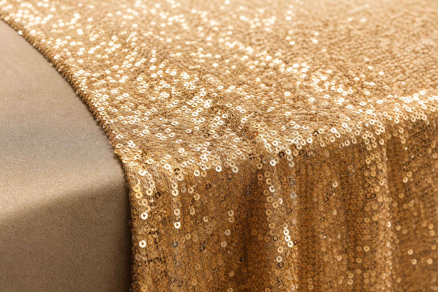 Close-up of a shimmering champagne sequin table runner draped over a table edge