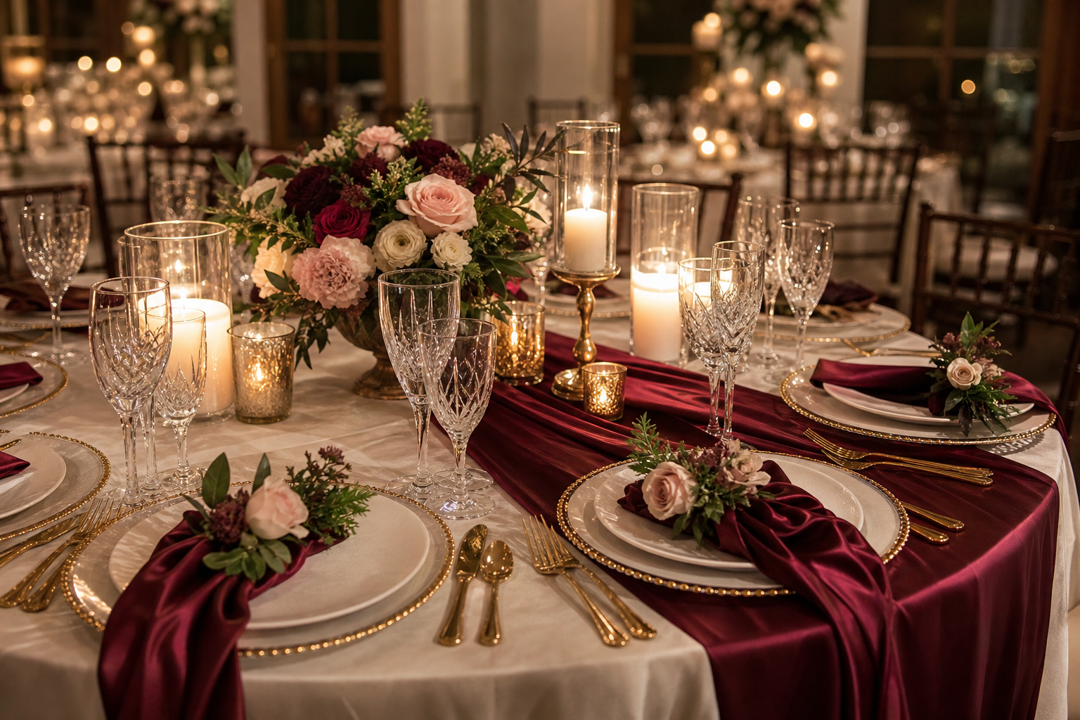 Satin runner in deep burgundy over an ivory tablecloth at a formal wedding table setting