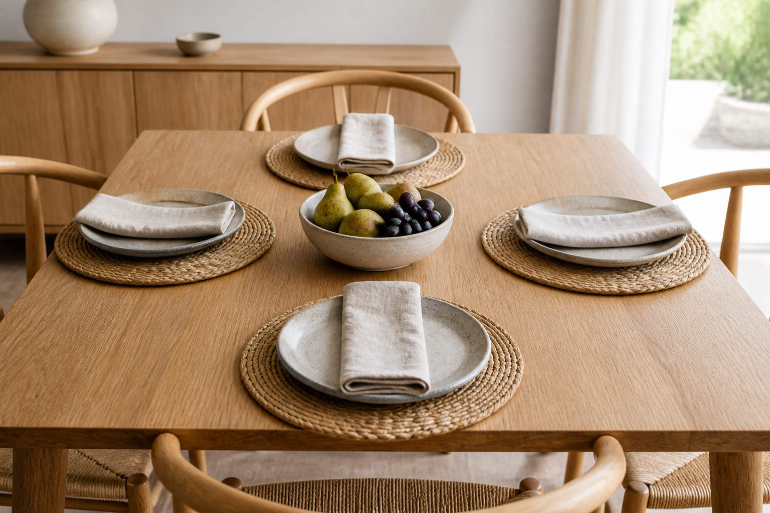 Minimal table setting using only placemats on a bare wooden table without a tablecloth