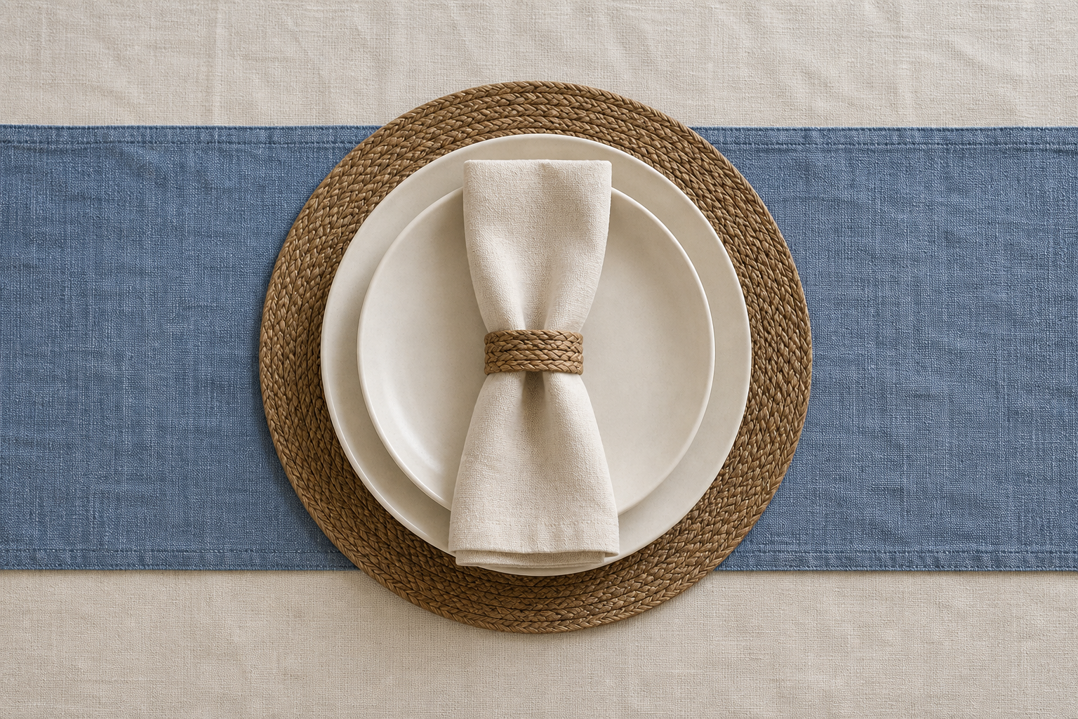 Top-down view of a place setting showing tablecloth beneath, runner crossing the centre, placemat under the plate and a napkin on top
