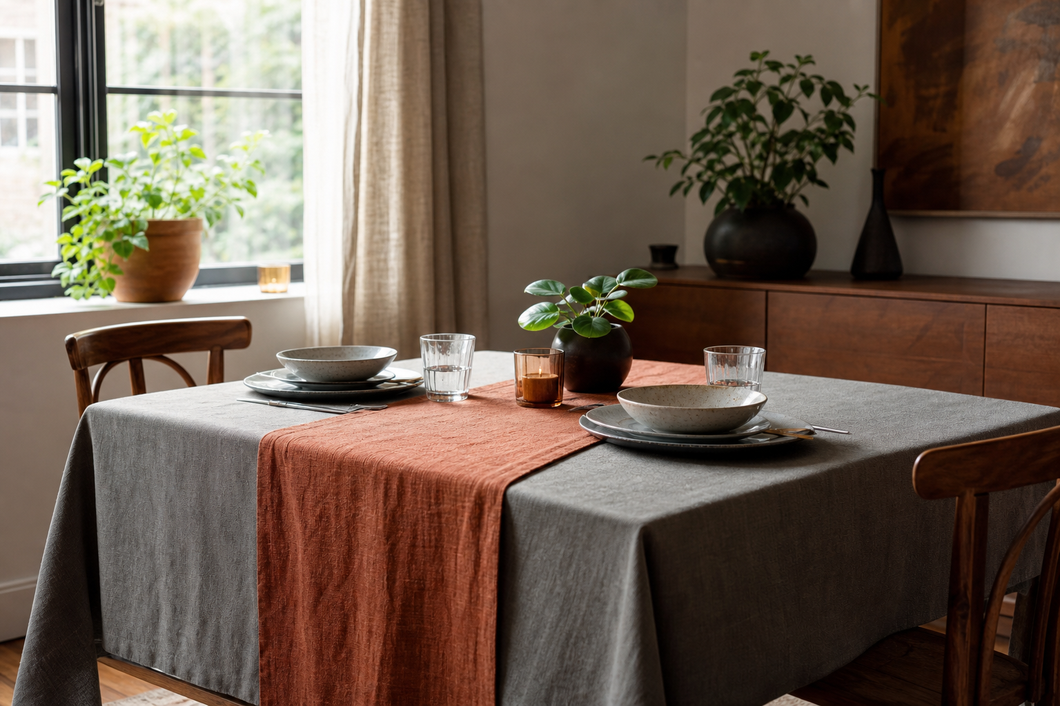 Casual bistro table with a plain grey tablecloth and a single contrast runner in warm terracotta