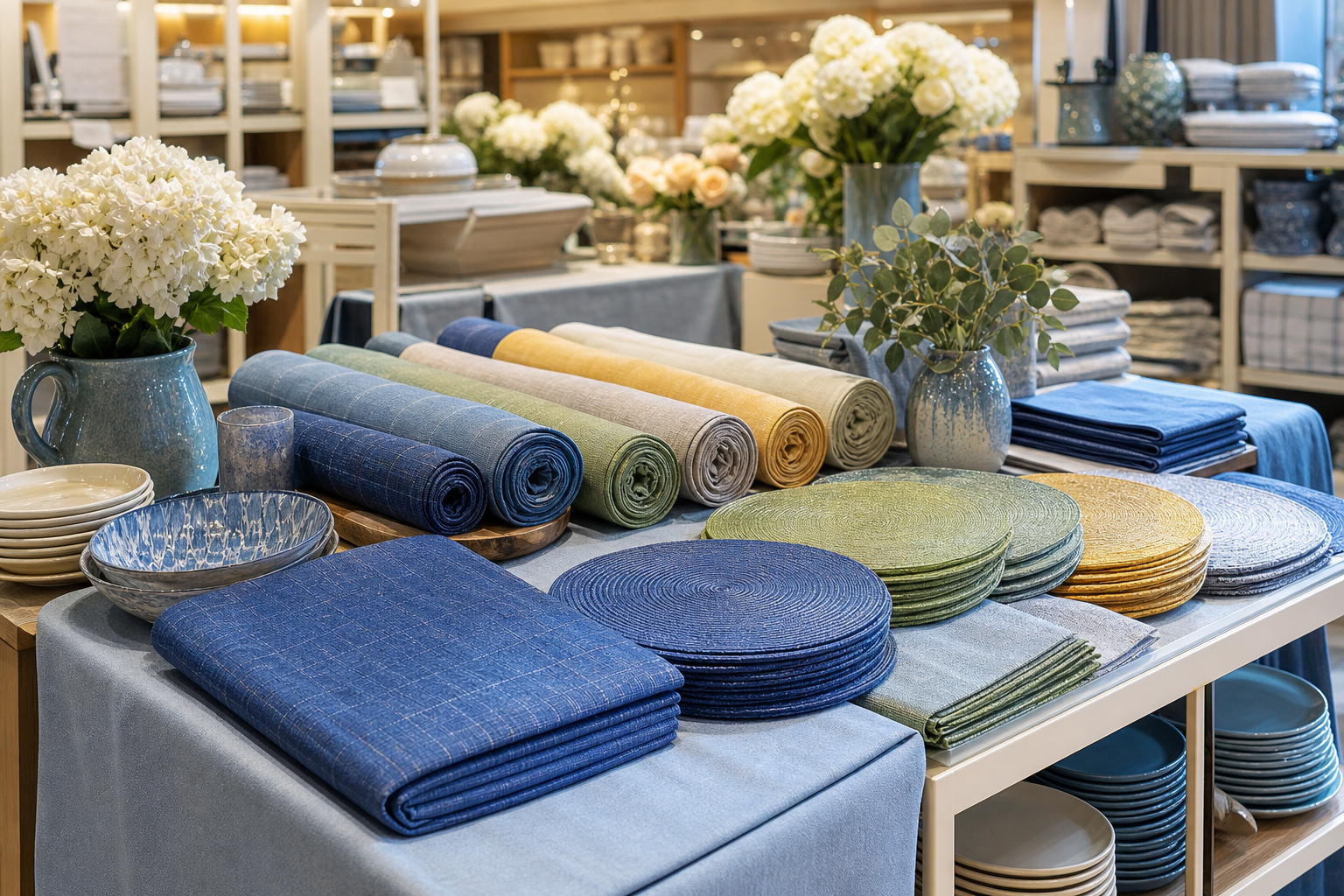 Retail display with folded tablecloths, rolled runners and stacked placemats styled as a coordinated set