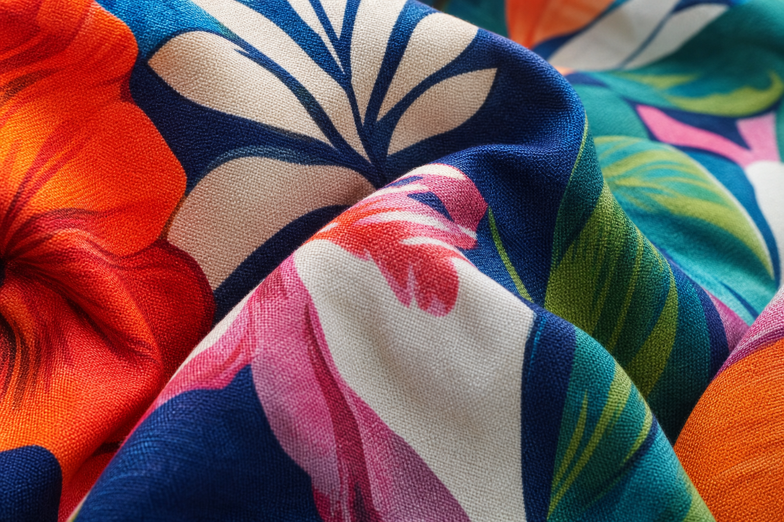 Digitally printed fabric surface showing saturated colourful pattern on woven cloth