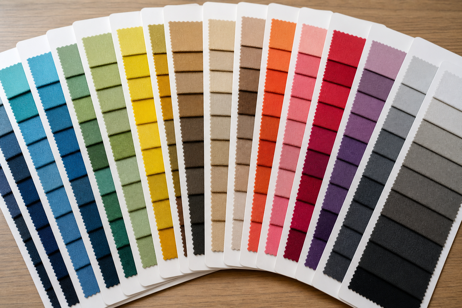 Colour swatch fabric cards fanned out showing dozens of fabric colour samples