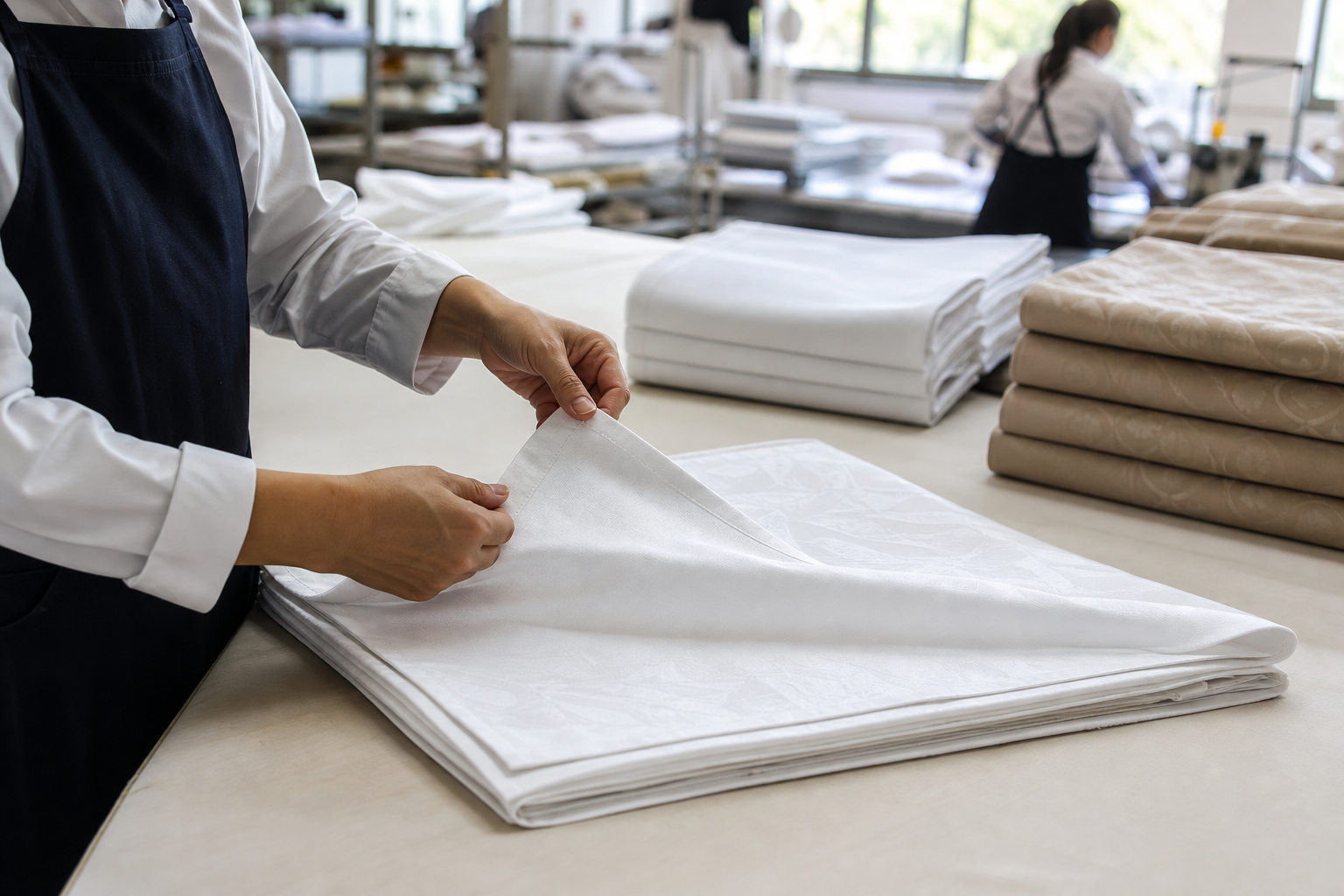 Quality inspection of finished table linens in a textile workshop with hands checking a folded tablecloth hem