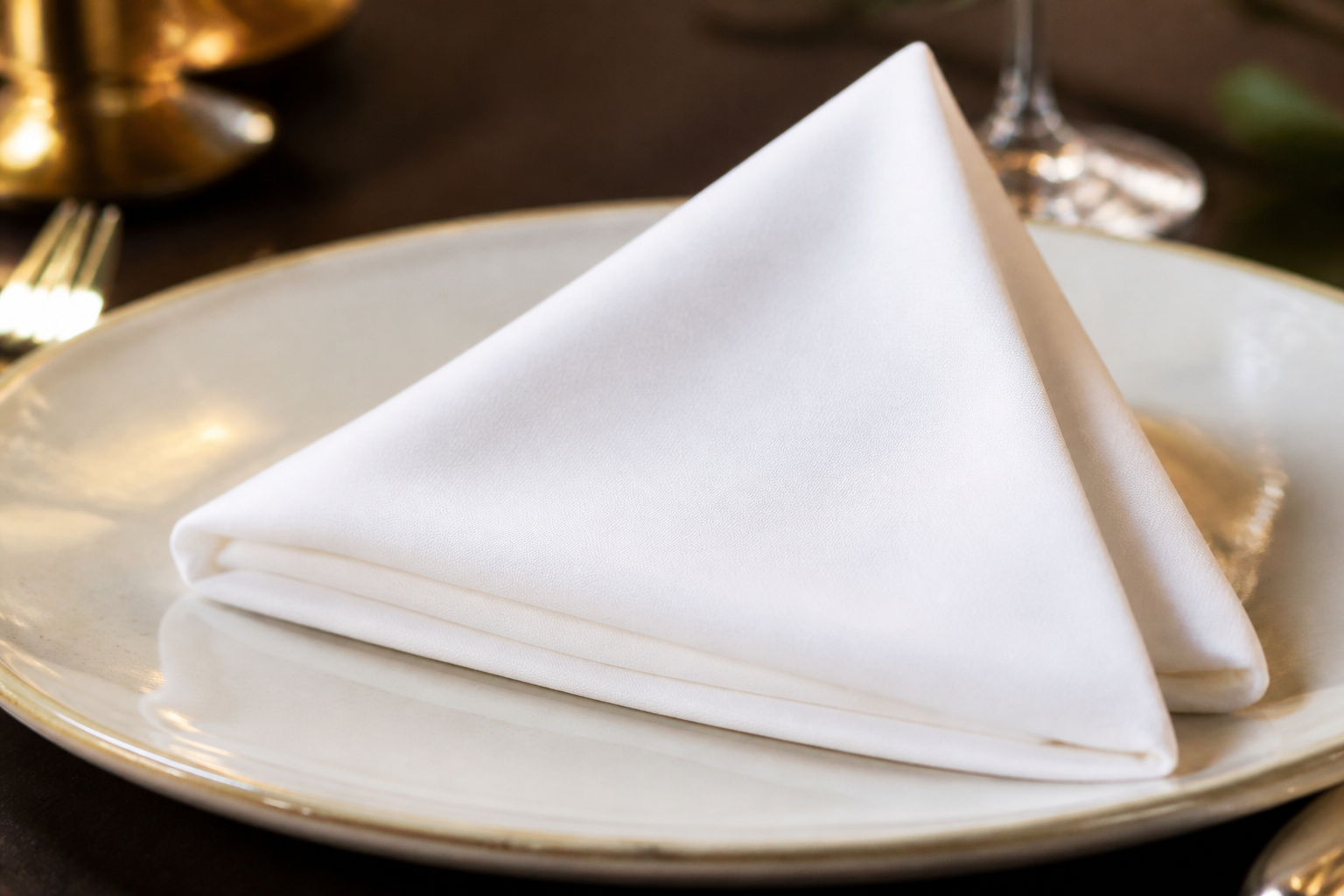 A neatly pressed white cloth napkin folded on a ceramic plate in a restaurant
