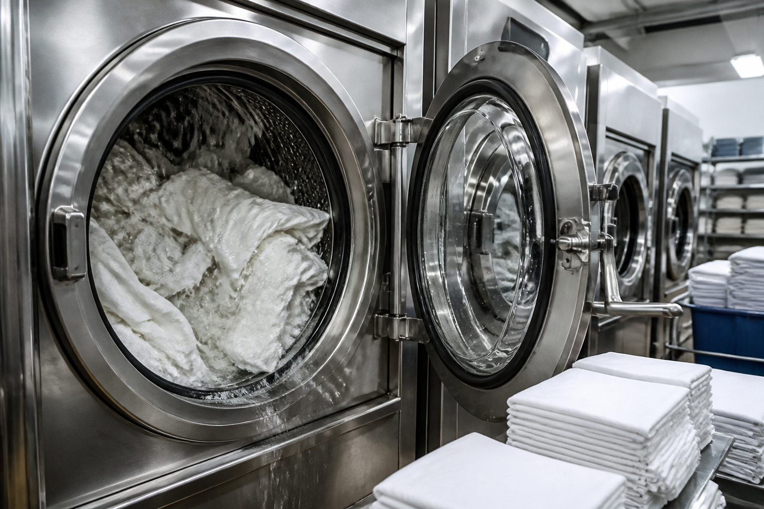 Industrial washing machines in a hotel laundry with white cloth napkins tumbling in water