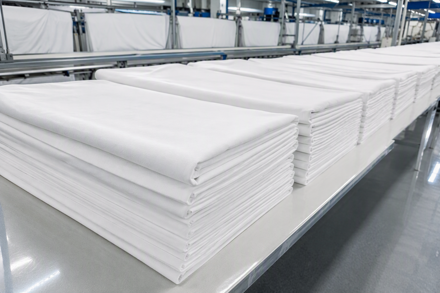 Neatly folded stacks of identical white tablecloths lined up on an inspection table