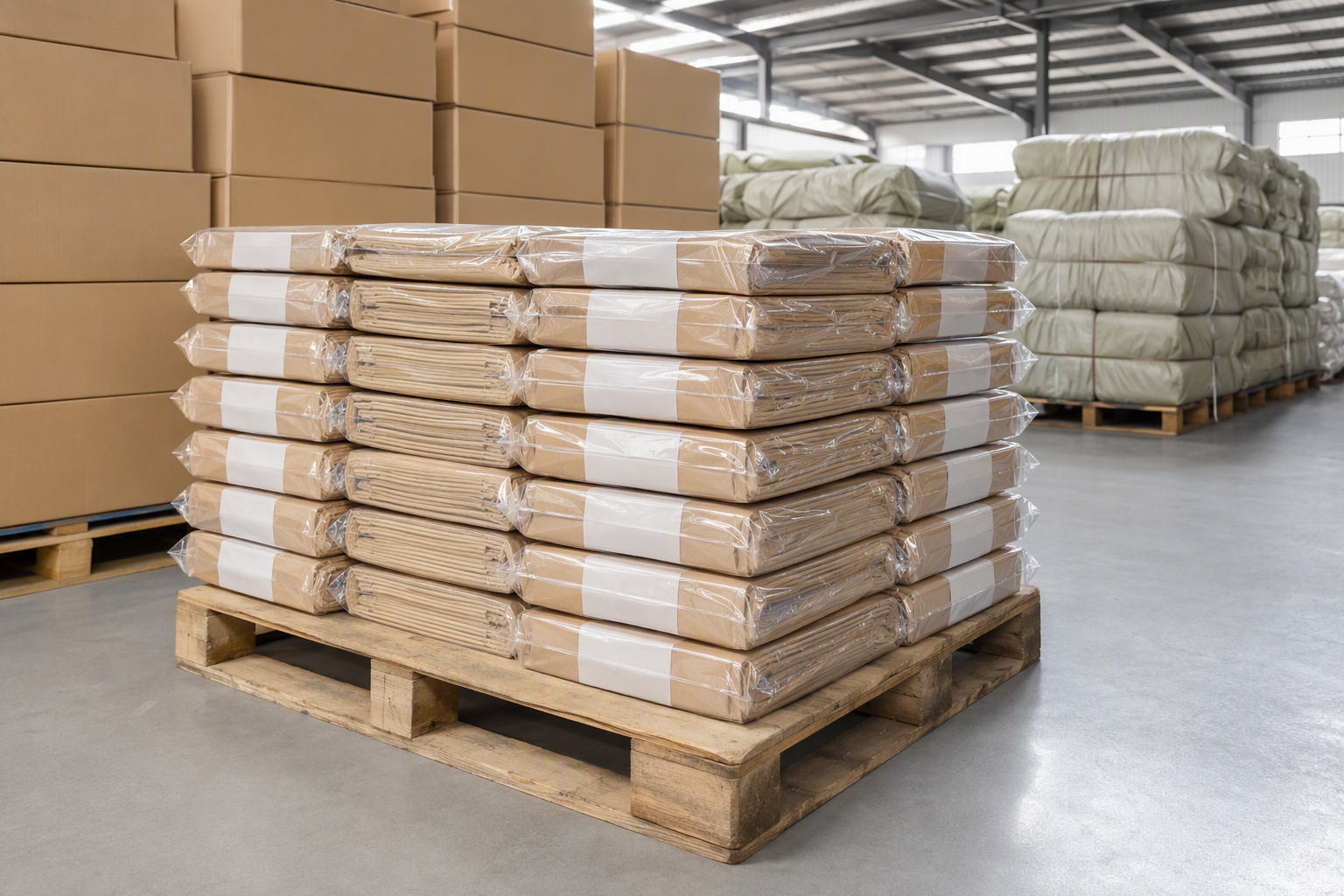 Quality-controlled tablecloths packaged in kraft paper and plastic, stacked on a pallet ready for export