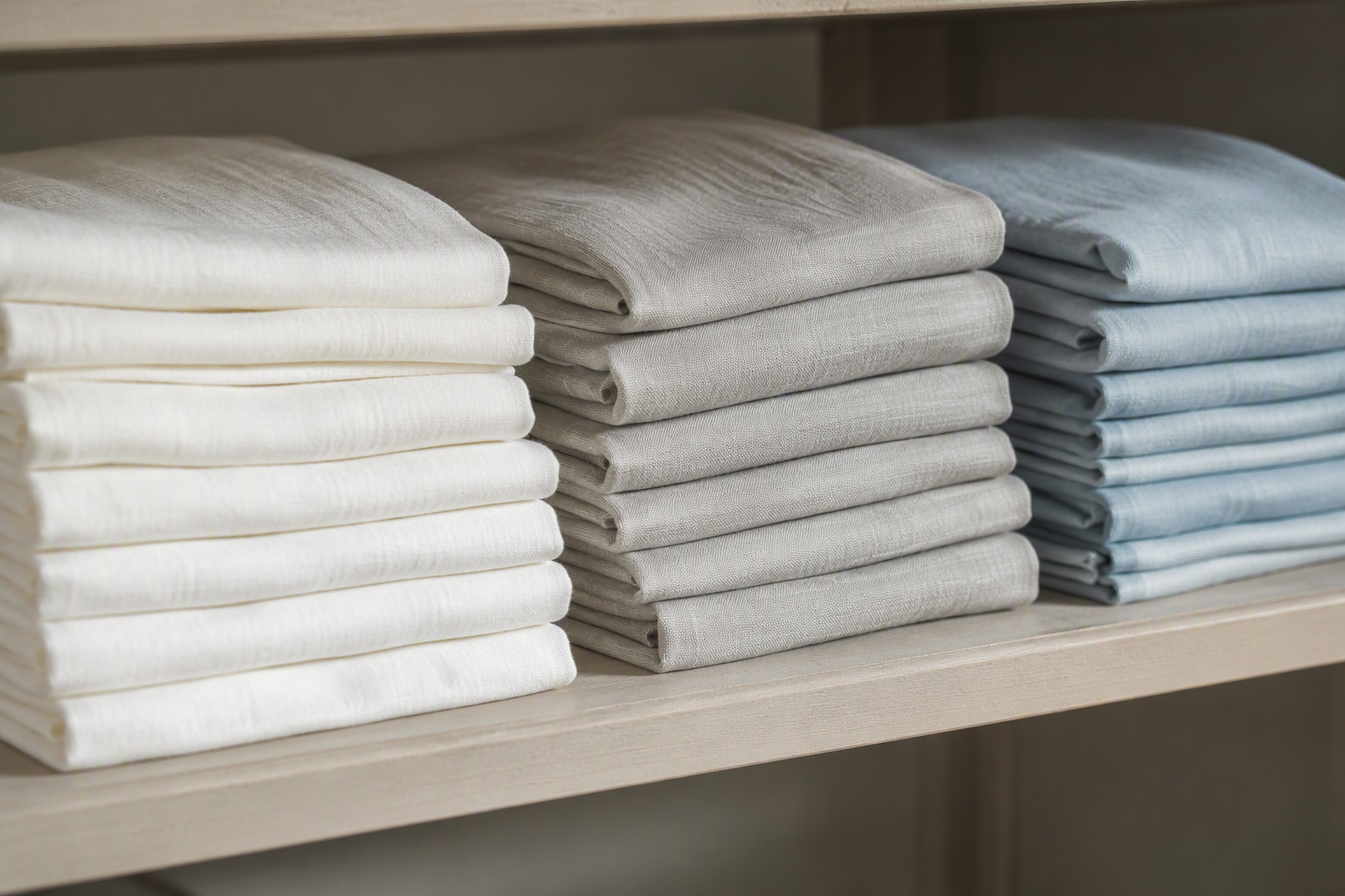 Folded cloth napkins in white, grey and blue stacked in a row on a shelf