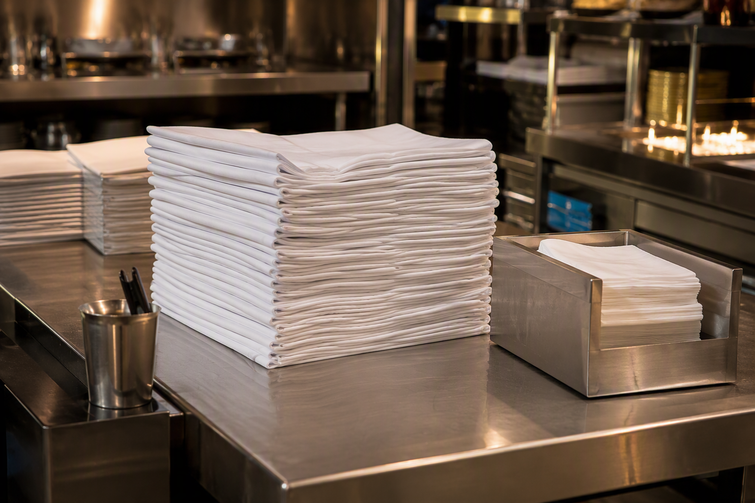 Linen station with a tall stack of folded napkins beside a small box of spares