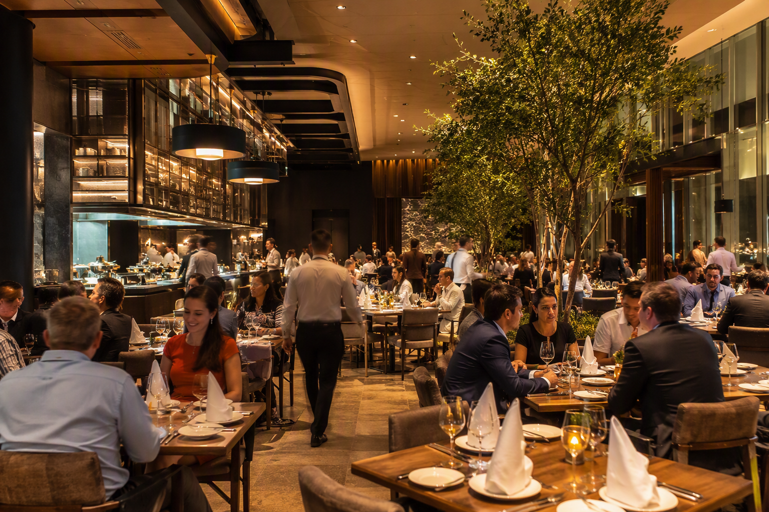 Busy modern restaurant dining room in full service with white folded napkins at each setting