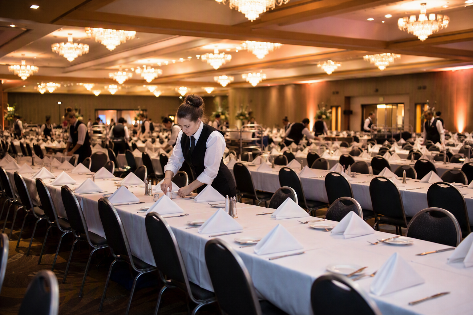 Banquet hall being set with many tables and folded napkins at every place setting