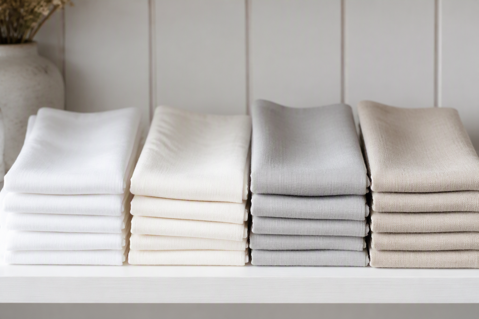 Folded cloth napkins in a neutral palette of white, ivory, grey and oatmeal stacked on a shelf