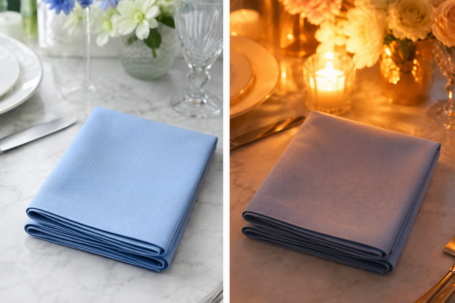 Two identical folded blue napkins side by side, one in daylight and one in warm candlelight