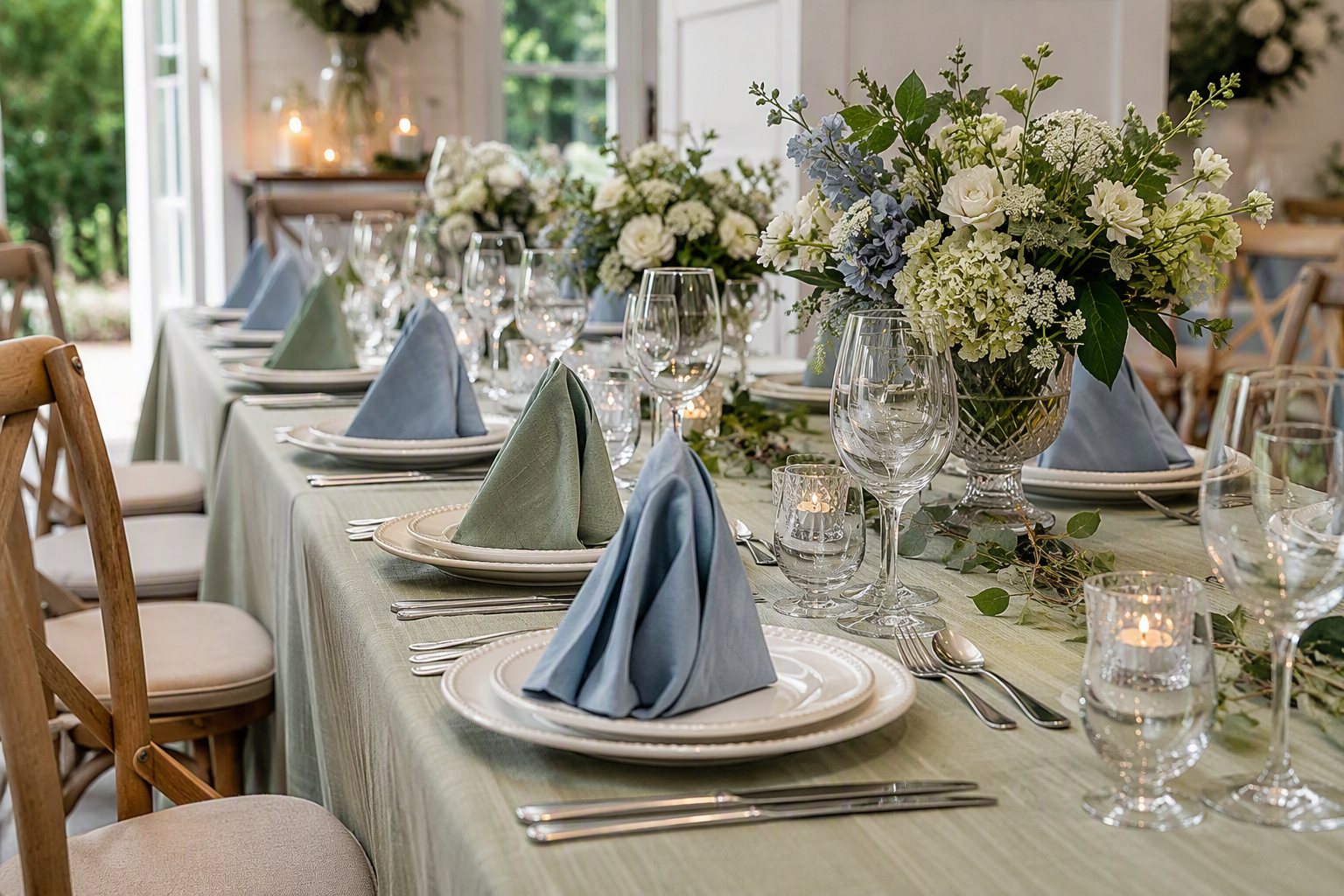 Event table with folded napkins in sage green, dusty blue and cream at each setting