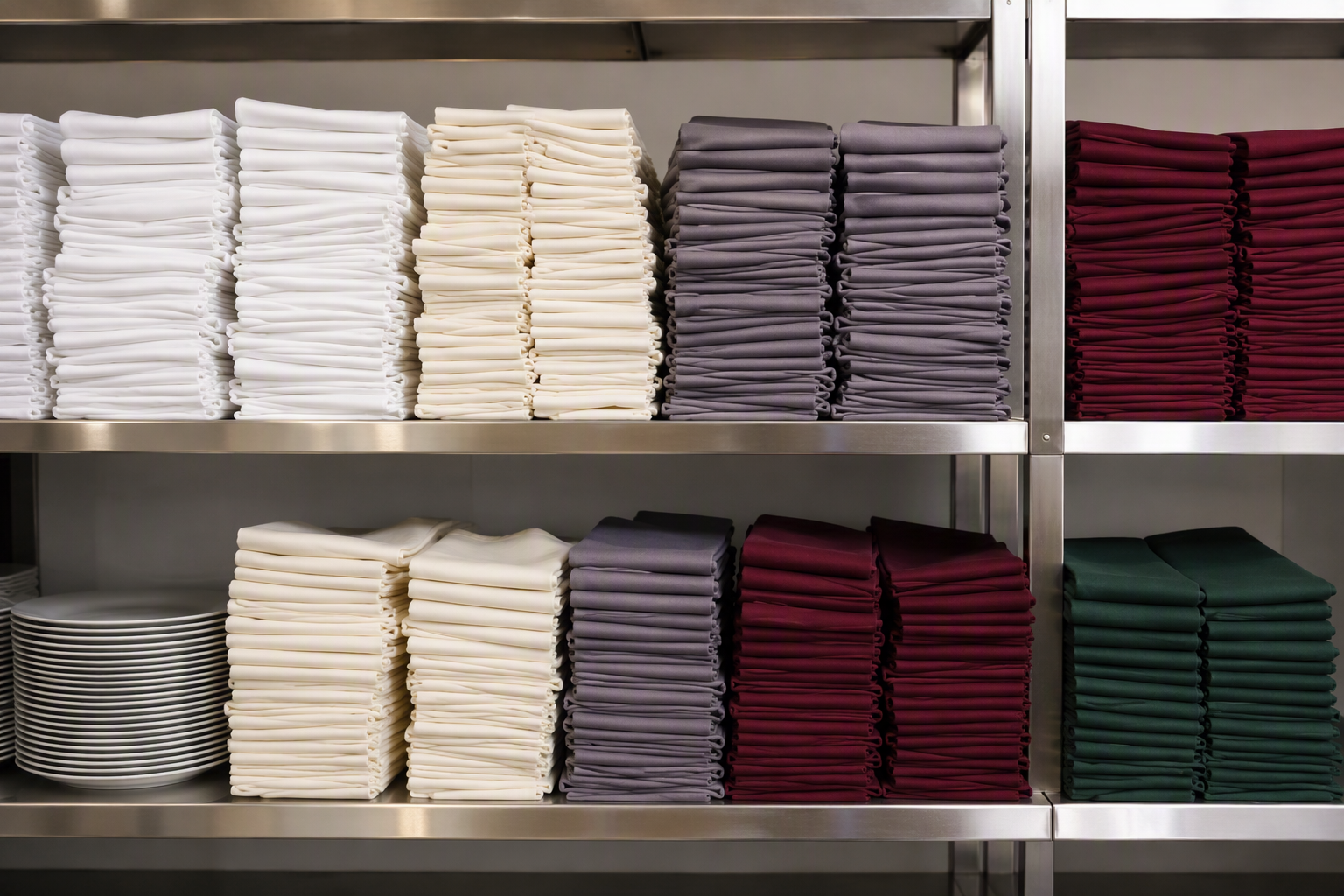 Storeroom shelf with folded napkins organized in separate stacks by colour