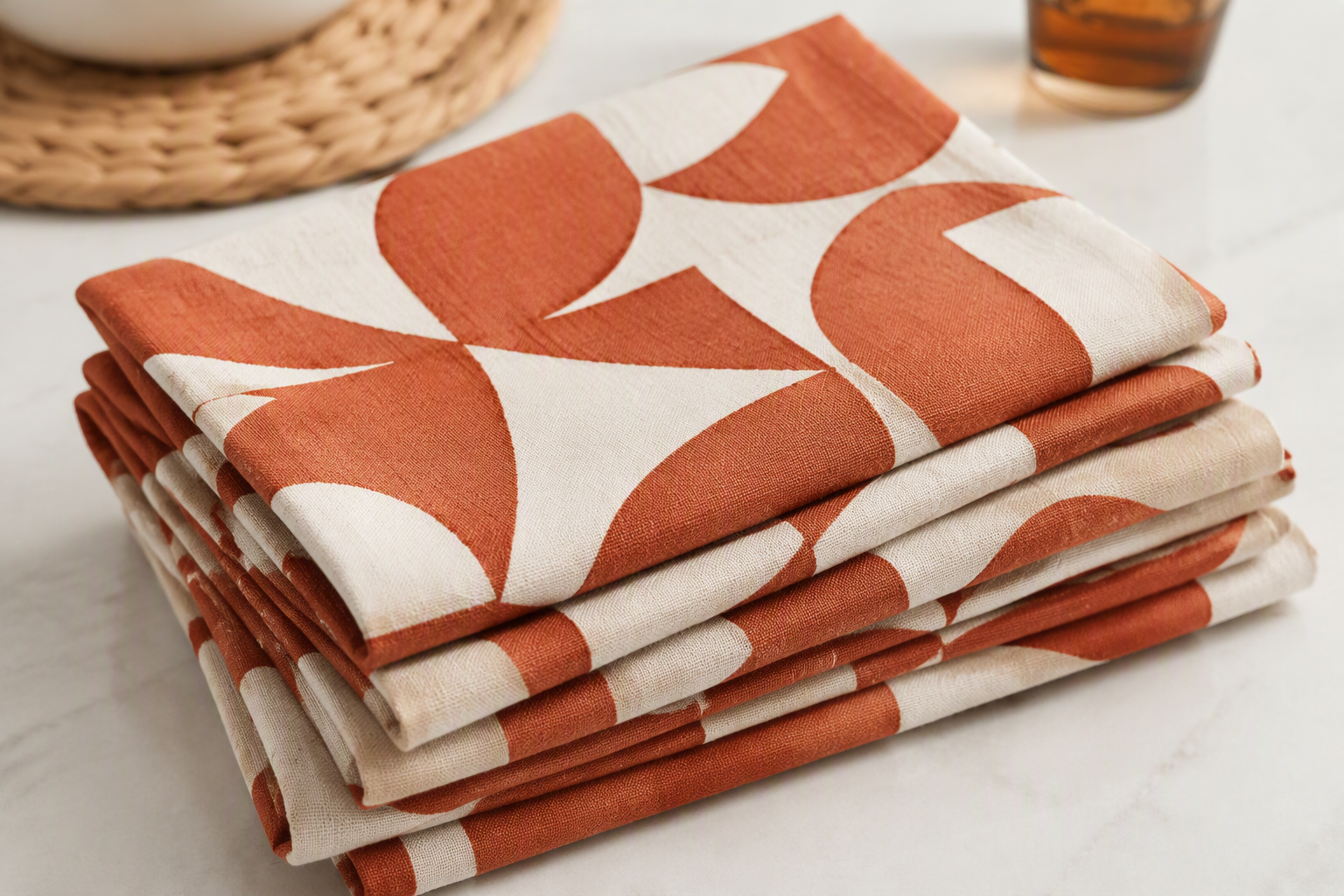 Folded cloth napkins with a bold geometric pattern in terracotta and cream