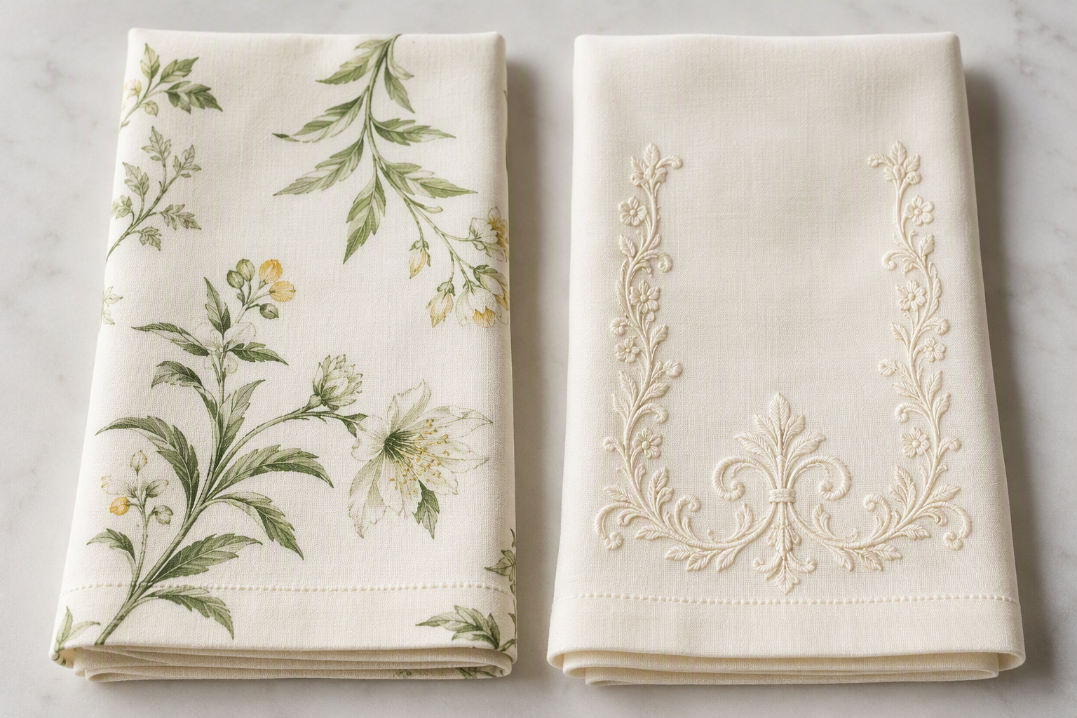 Side by side: a printed botanical napkin and an embroidered border napkin in ivory