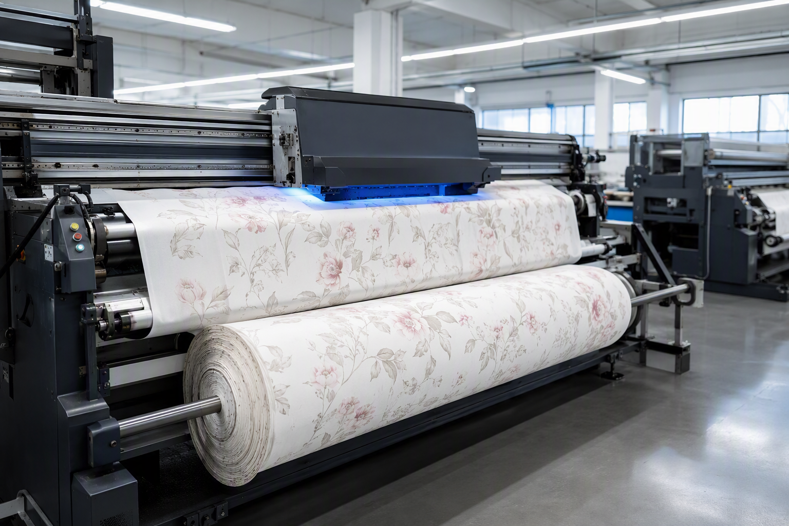 Digital textile printing workshop with white cloth passing through a modern fabric printer