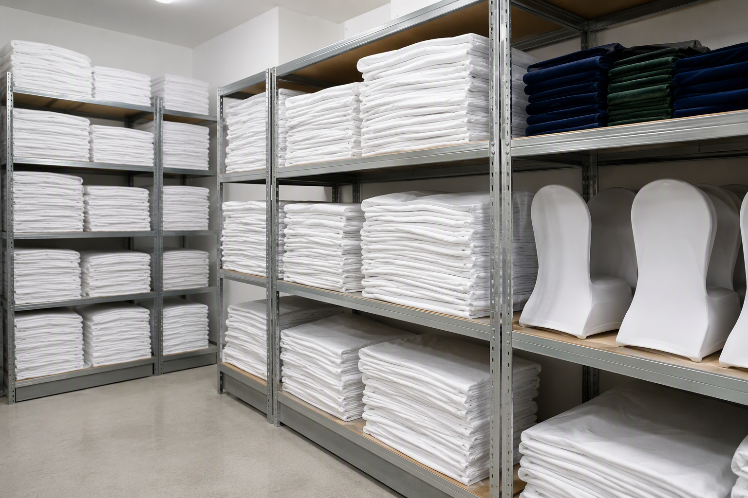 Folded white spandex chair covers stacked on shelving in a dry storage room with velvet covers stored separately