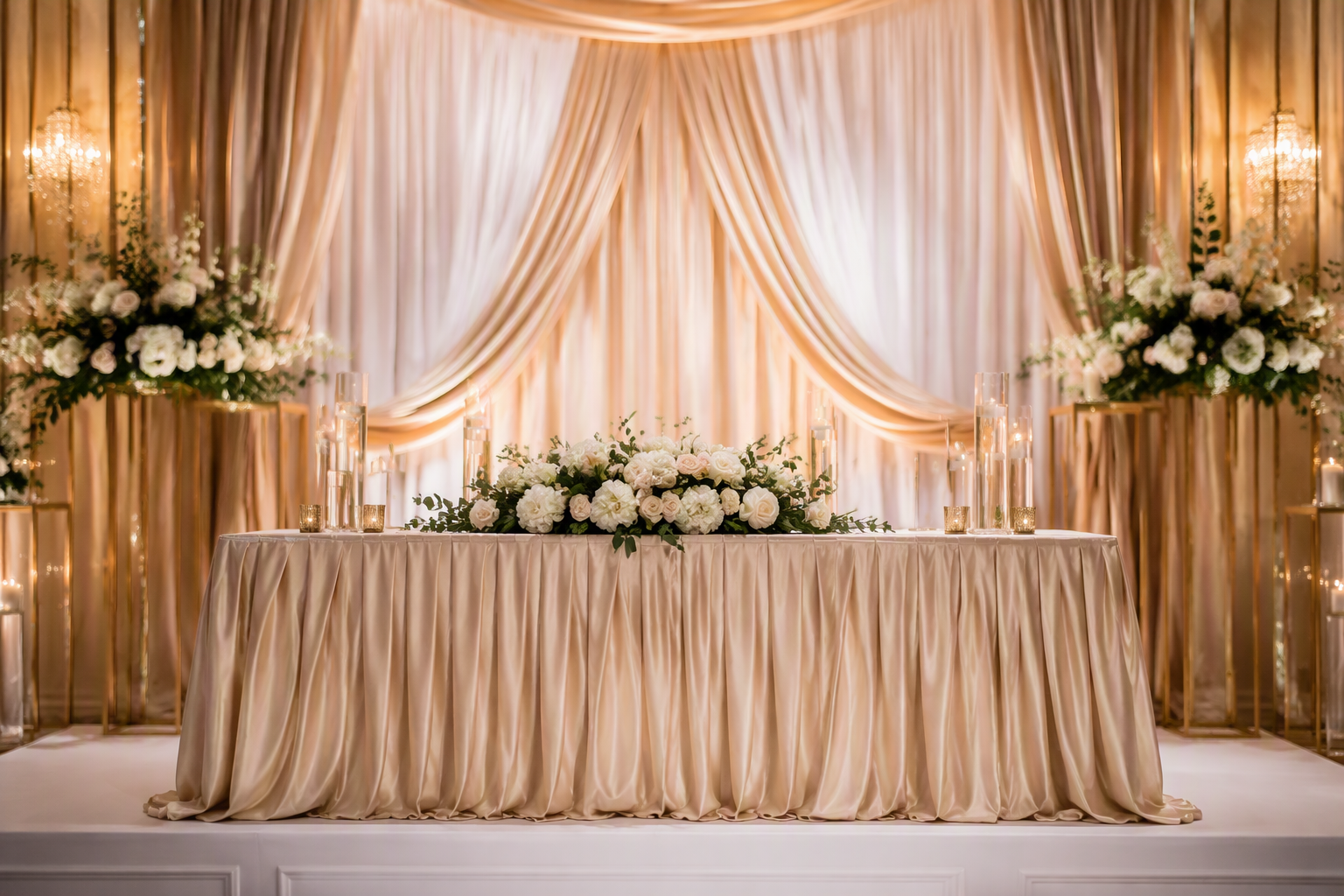 Wedding ceremony stage with a long pleated champagne satin table skirt on the altar table