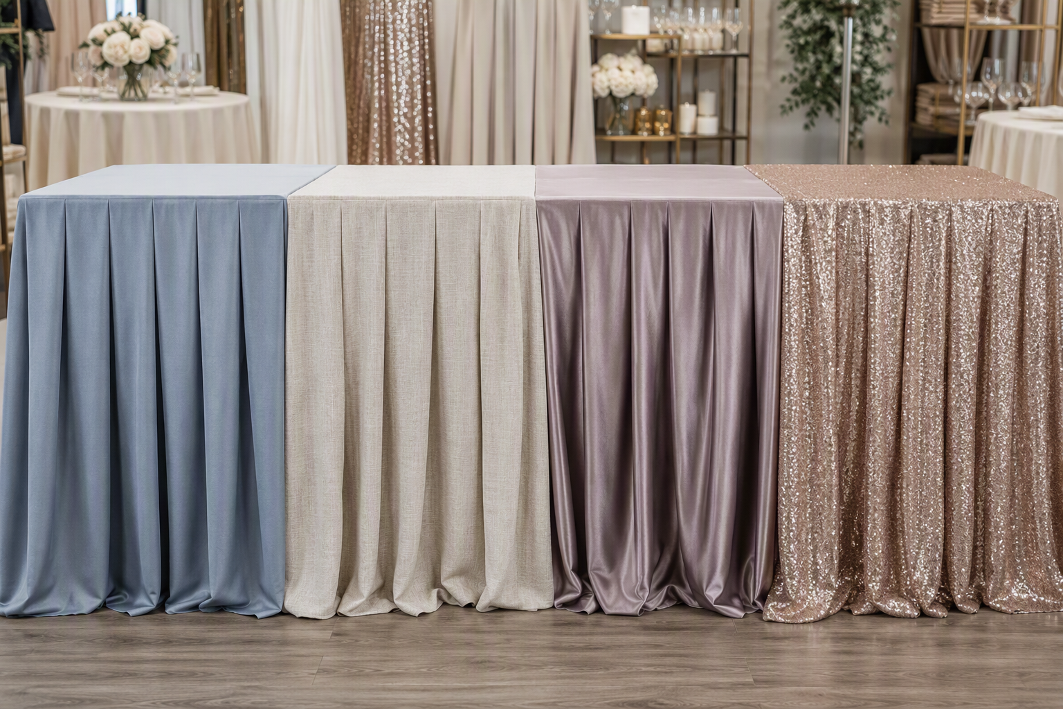 Display table with table skirts in several fabrics and colors laid out for comparison