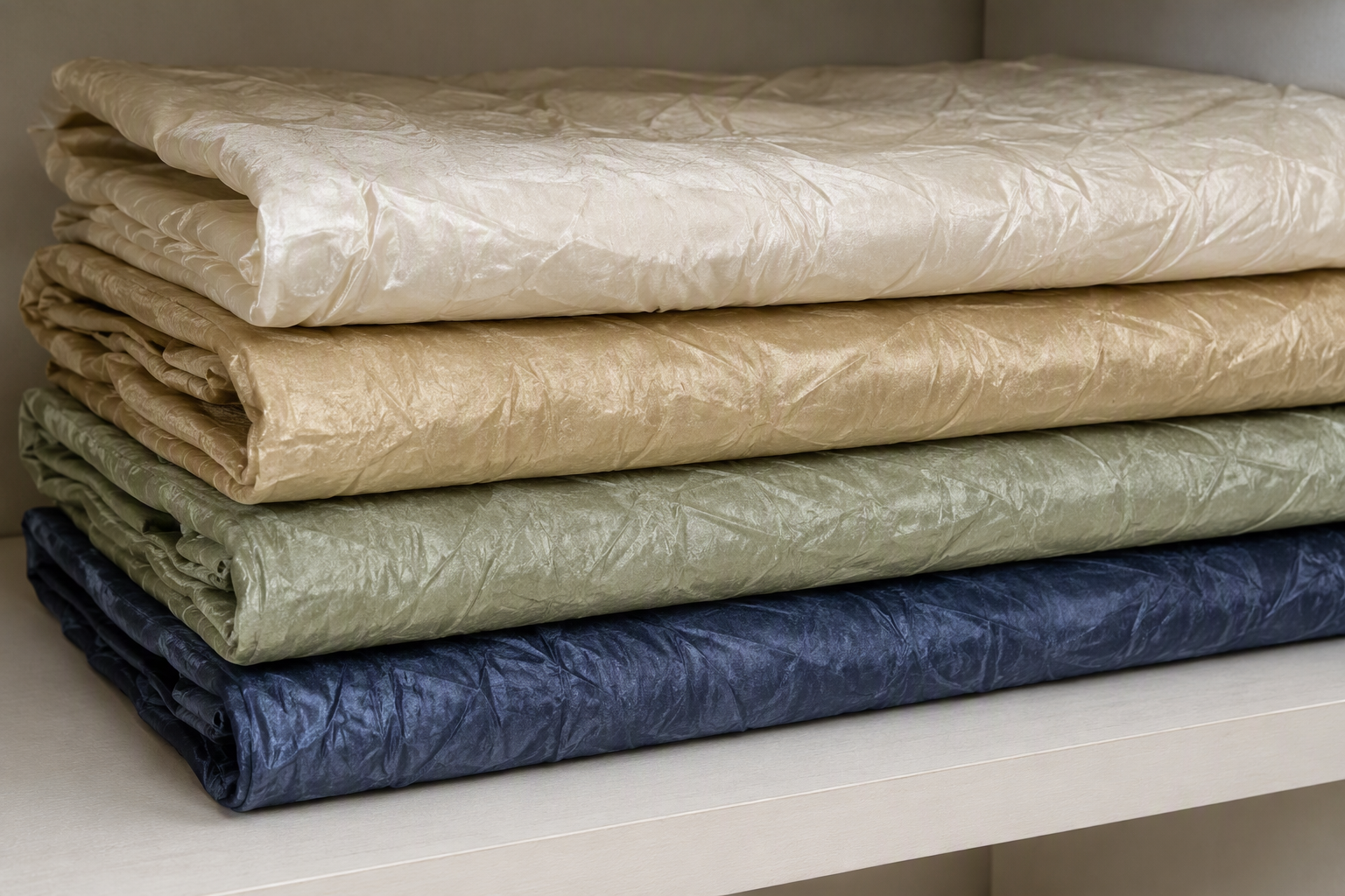 Folded wrinkled taffeta tablecloths in ivory, champagne, sage green and dusty navy stacked in a row