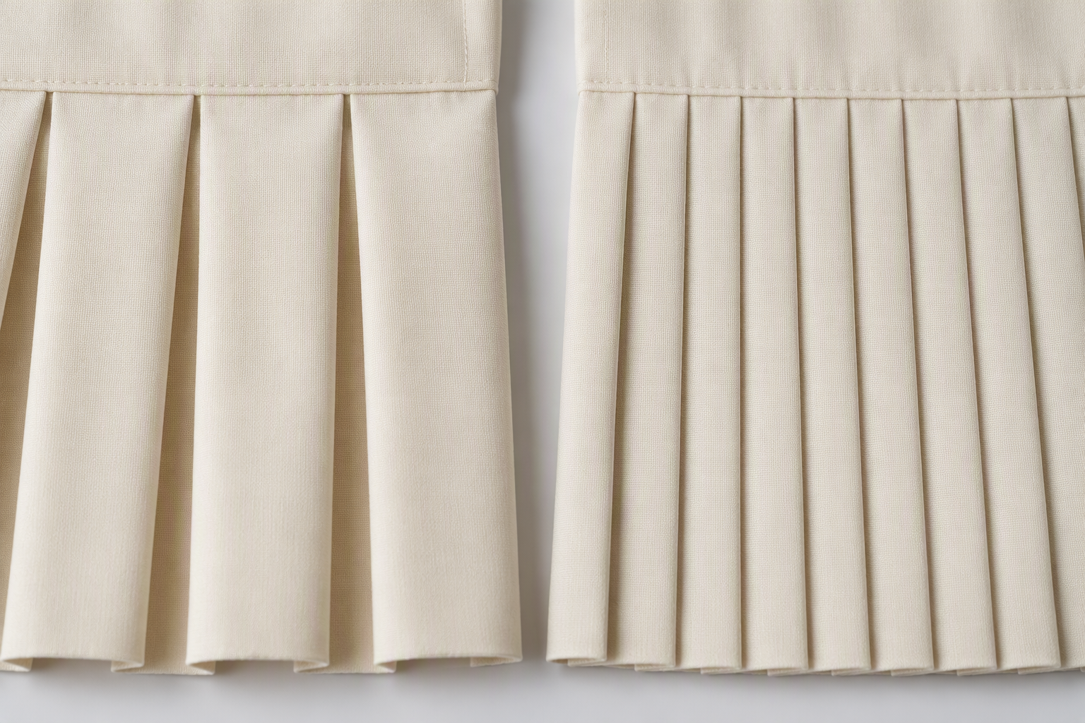 Side-by-side comparison of a box pleat and a knife pleat in ivory fabric