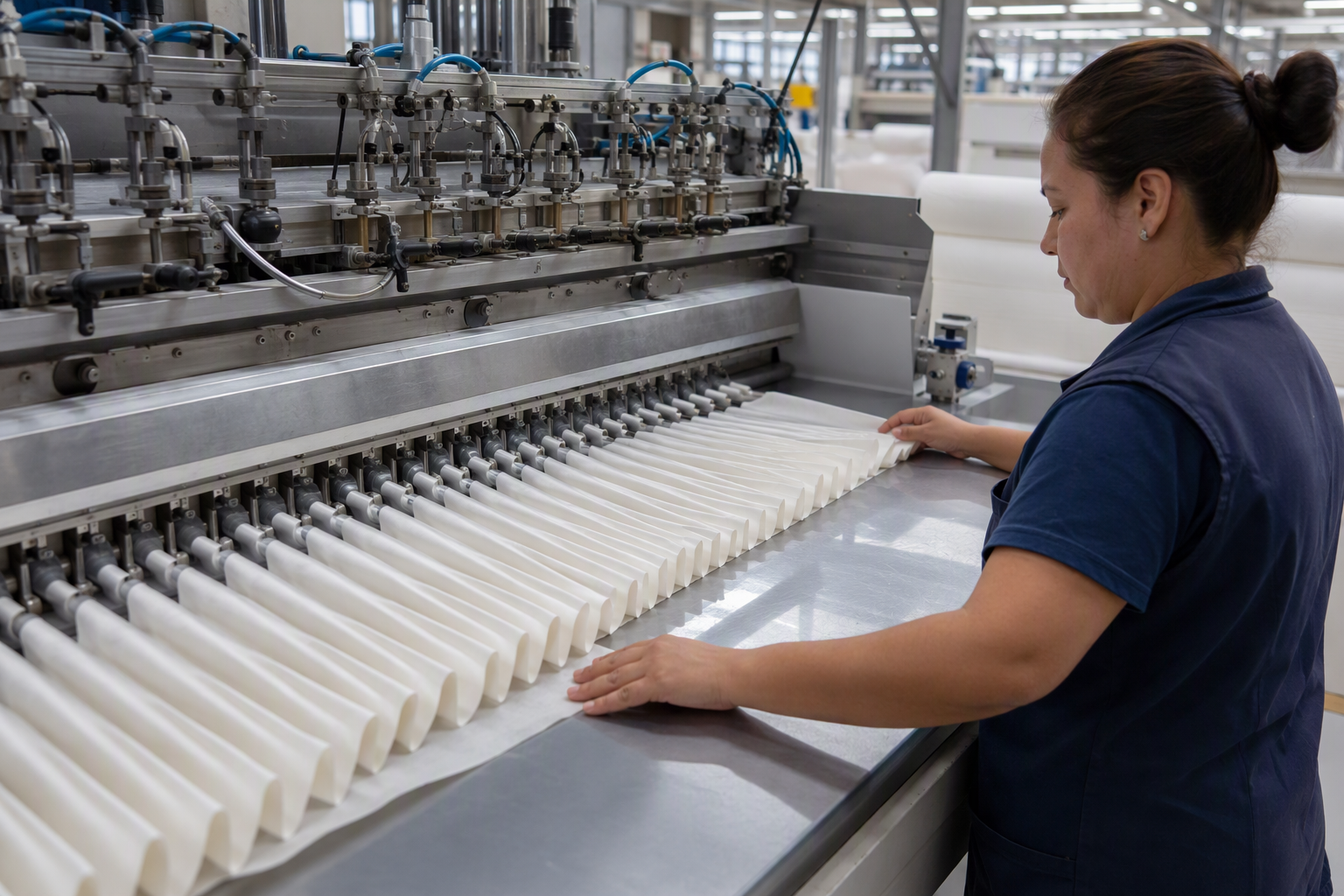 Factory pleating station folding long white fabric into regular accordion pleats