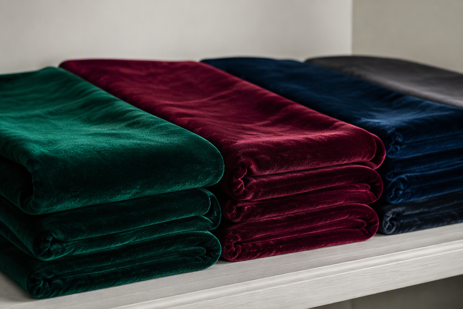 Folded velvet tablecloths in emerald, burgundy, navy and charcoal stacked in a row