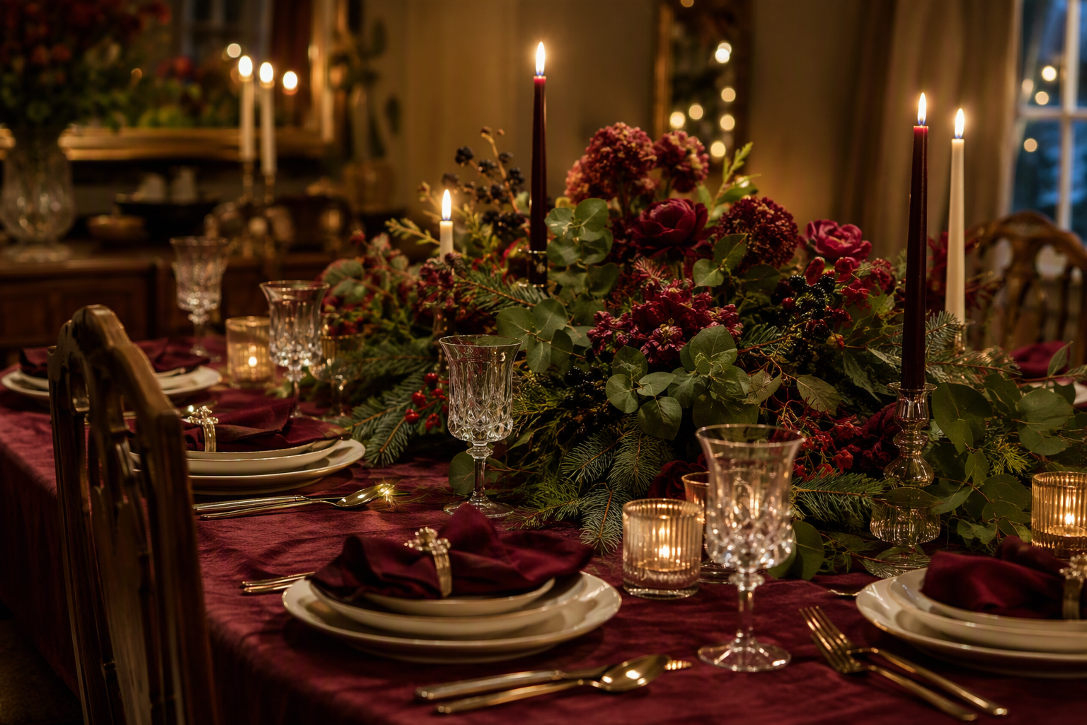 Festive holiday table with a deep burgundy velvet tablecloth and candlelight