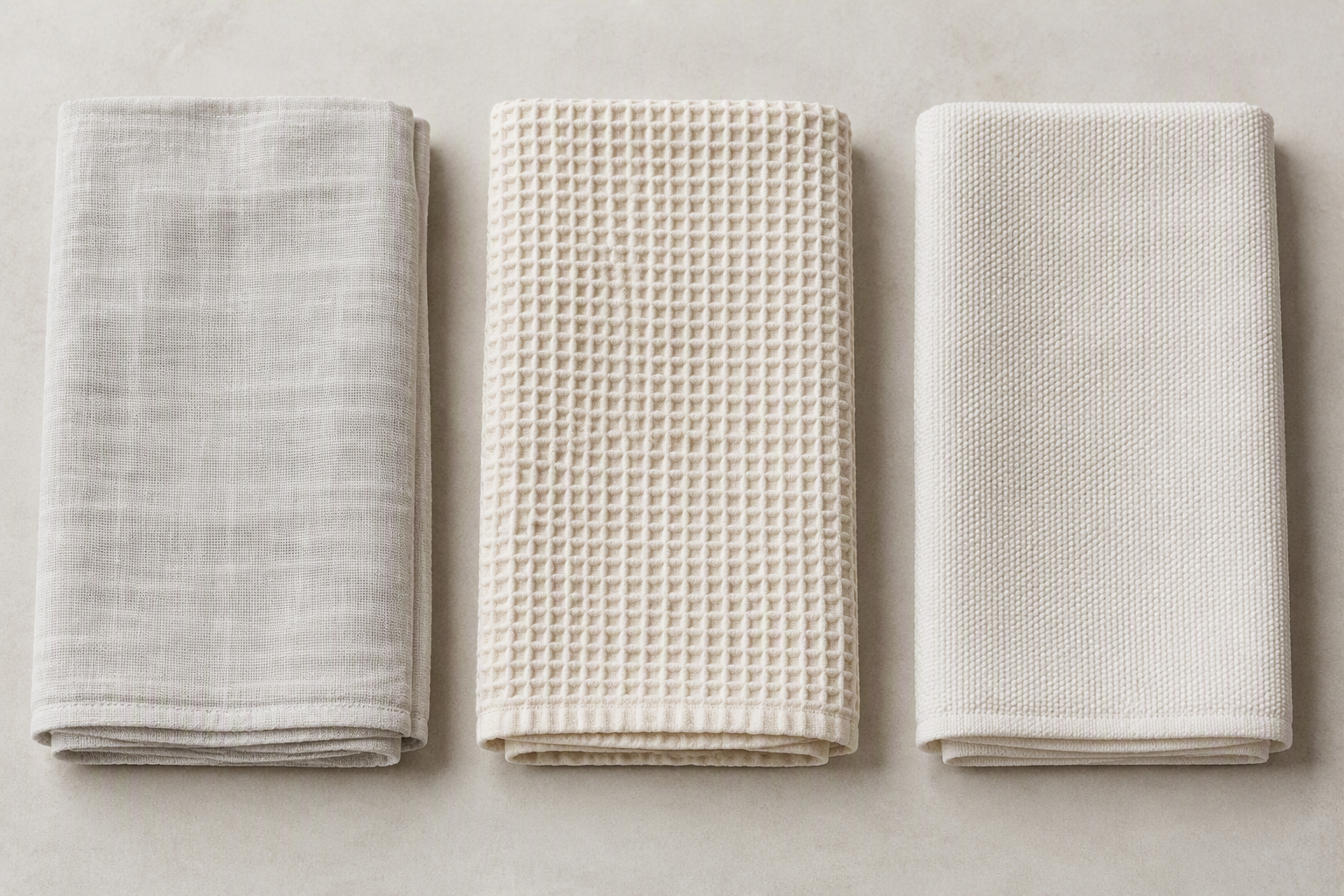 Three folded cloth napkins showing double gauze, waffle and pique textures in neutral tones
