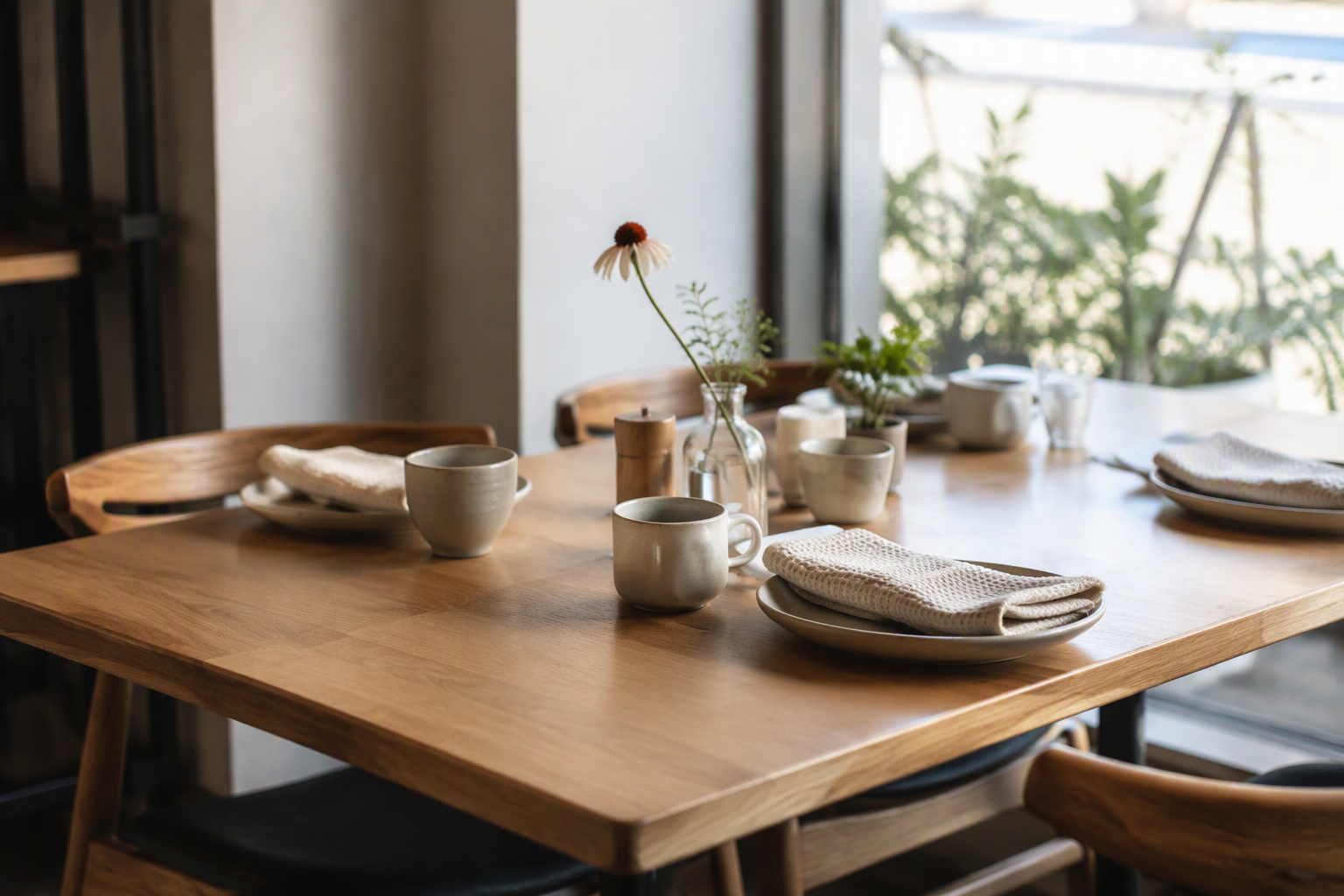 Casual modern cafe table with a waffle weave napkin folded at each setting