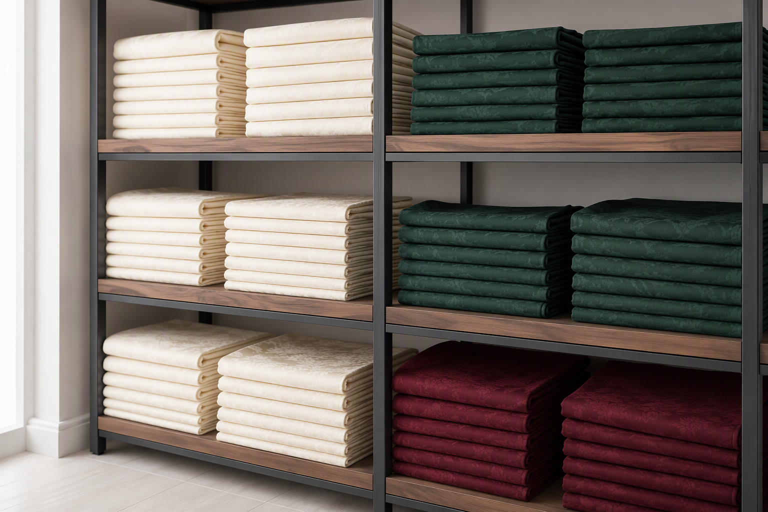 Linen shelf with tablecloths organized by colour, ivory alongside deep programme colours