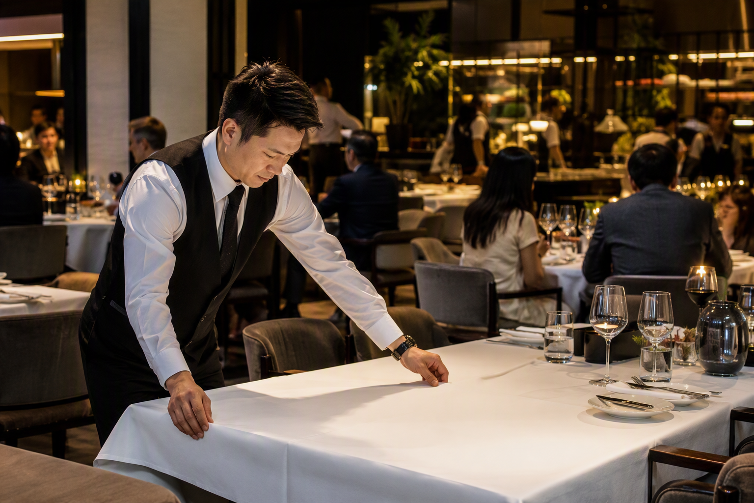 A busy modern restaurant floor where staff are changing a tablecloth