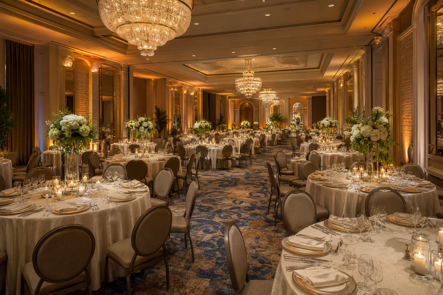 Hotel ballroom set with rows of round tables in floor-length ivory tablecloths
