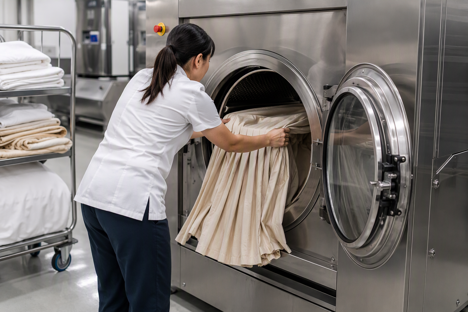 A pleated table skirt being loaded into a commercial washing machine