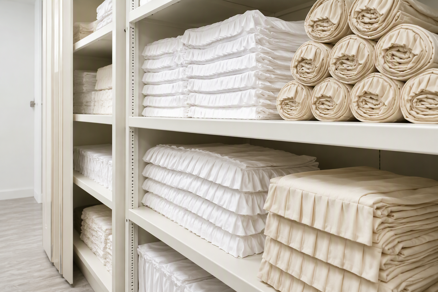 Pleated table skirts folded along the pleats and rolled on open shelving