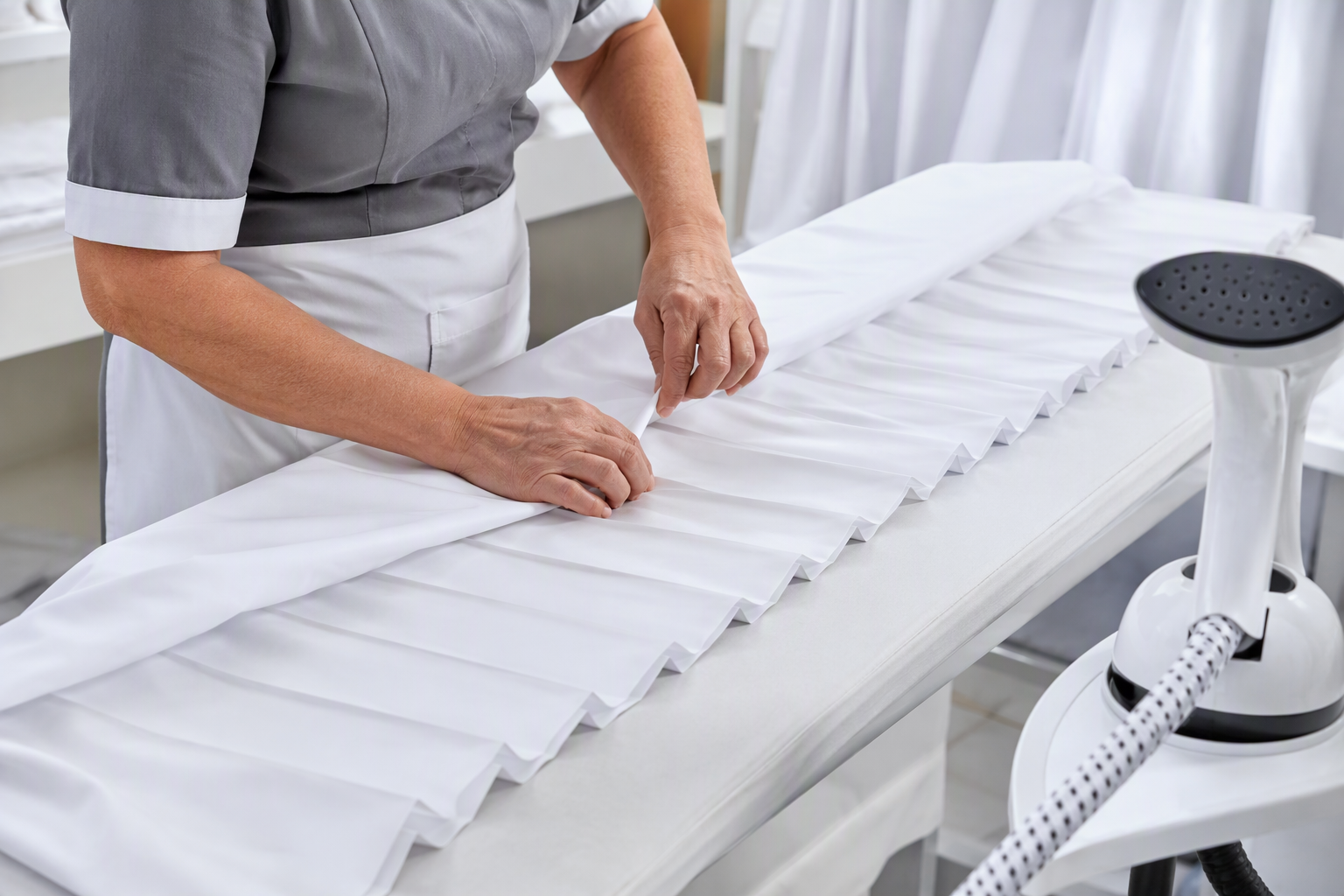 Hands re-folding sharp pleats into a white table skirt on a pressing table