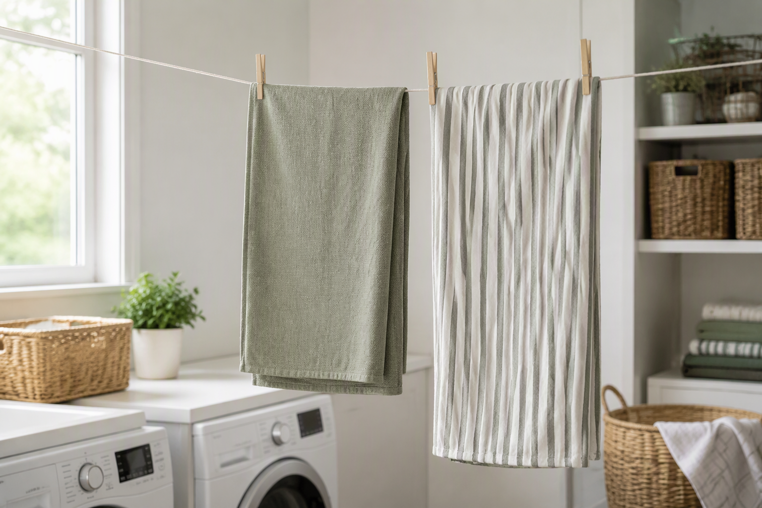 Table runners on a drying line after a test wash