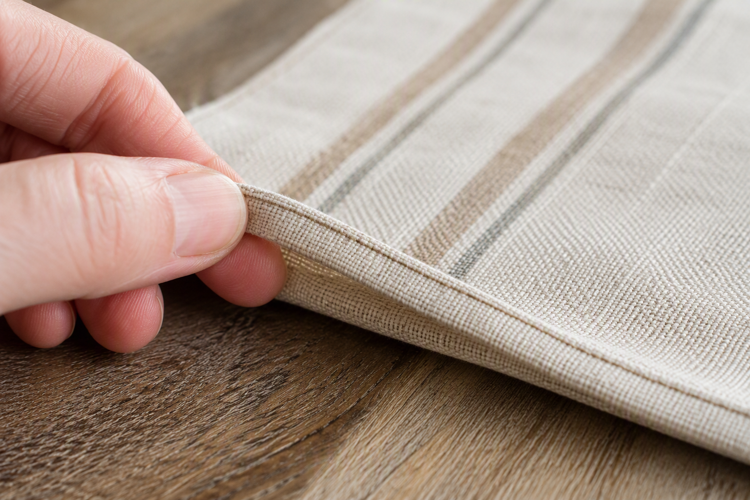 A hand inspecting the hemmed edge of a table runner
