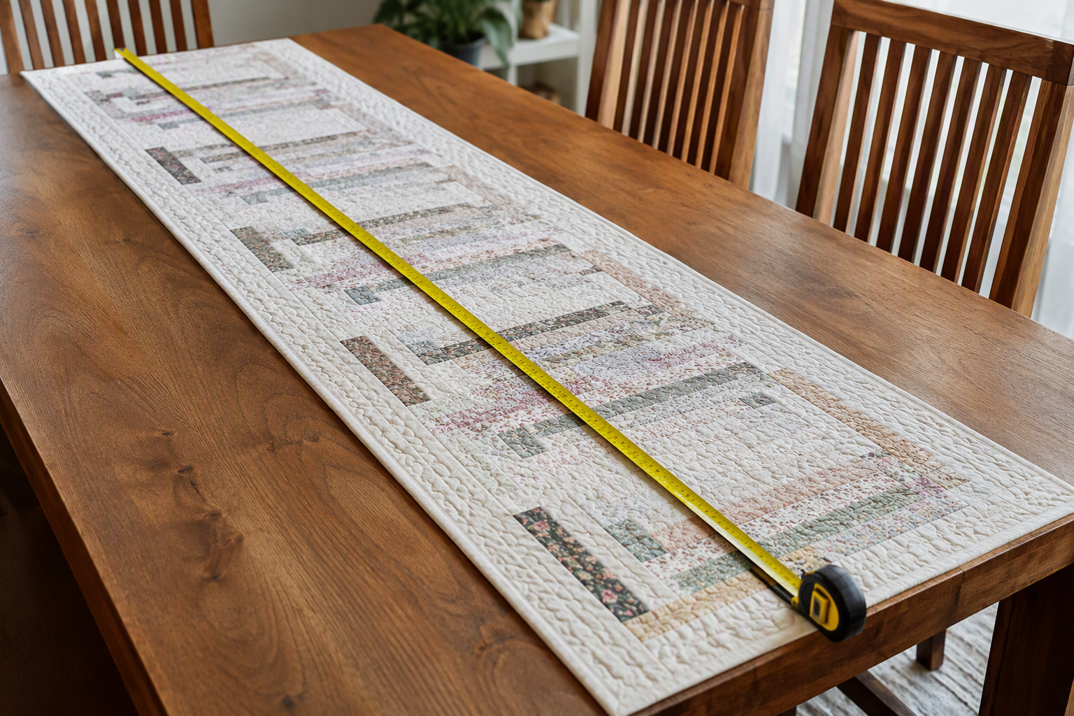 A measuring tape laid along the length of a table runner on a table