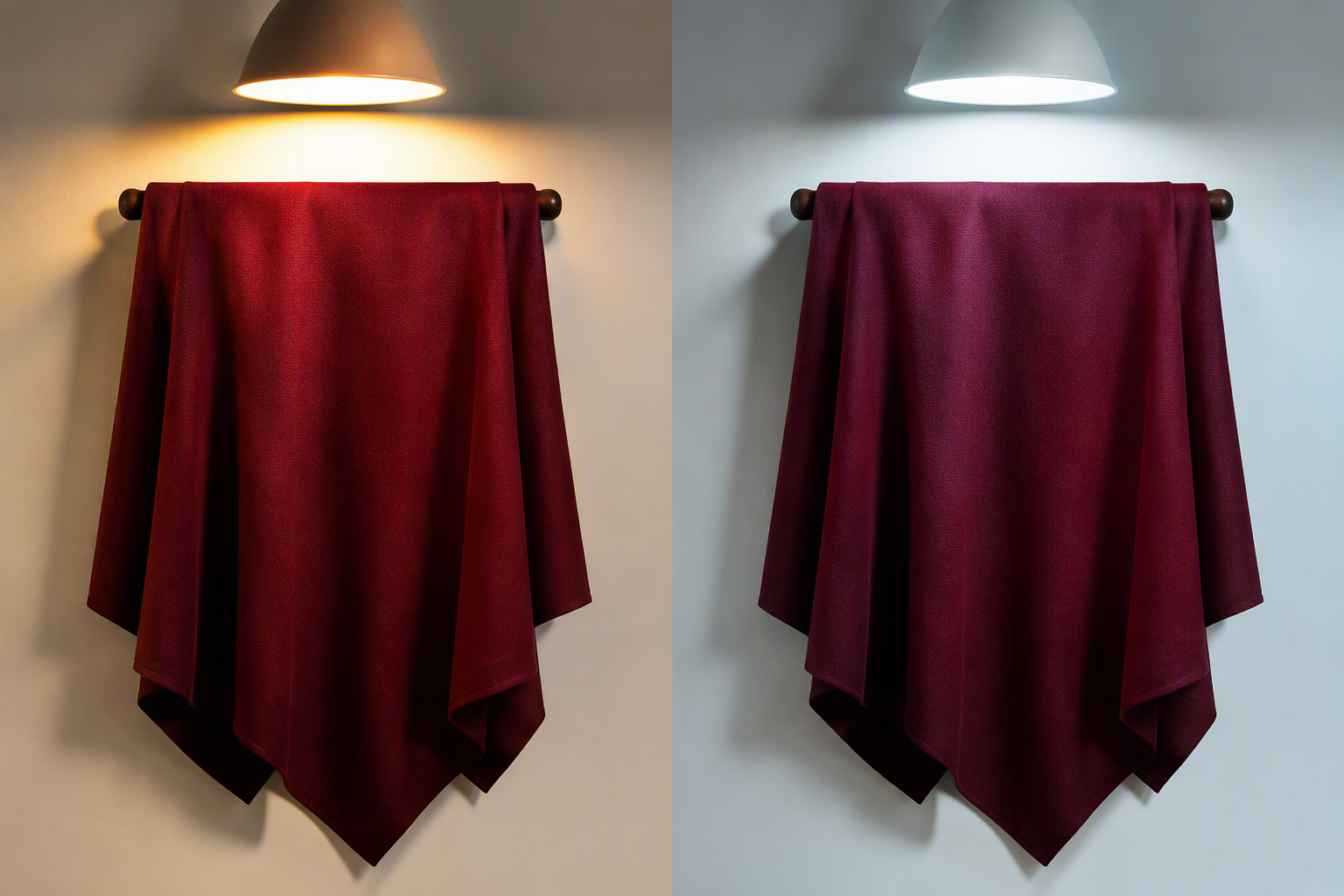 Two identical tablecloth swatches under warm lamp light and cool daylight